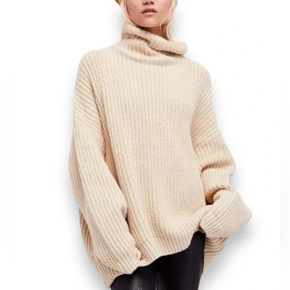 Free People Swim Too Deep Oversized Turtleneck Sweater Ivory Cozy Sweater NWT - Picture 1 of 10